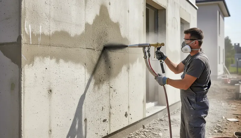 Betonfassade beim Reinigen und Aufrauen mit grobem Kupferschlacke-Strahlmittel für Putz- und Beschichtungsarbeiten