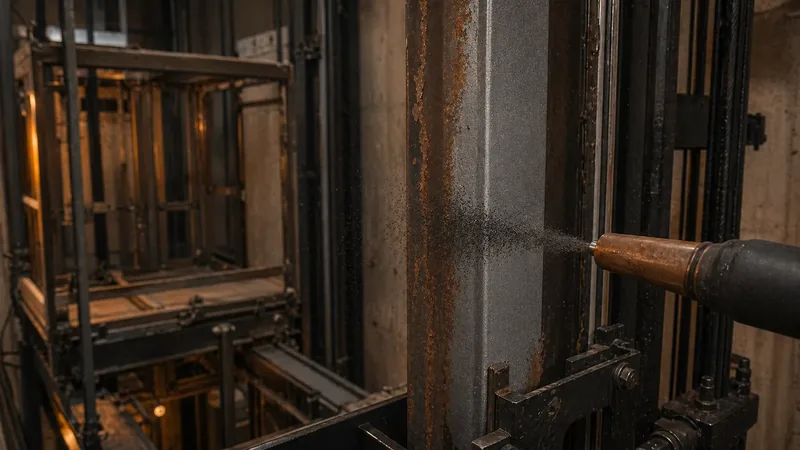 Aufzugbauteile aus Stahl beim Vorbereiten mit Kupferschlacke-Strahlmittel vor dem Korrosionsschutz und der Beschichtung