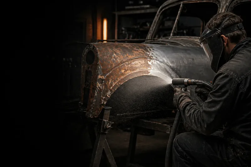 Oldtimer-Karosserie während der Restaurierung beim Abstrahlen von altem Lack und Rost mit kupferbasierter Strahlschlacke