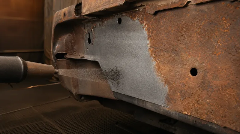 Stark verrostete Stahlfläche beim Entrosten mit Kupferschlacke-Strahlmittel bis zur blanken Metalloberfläche