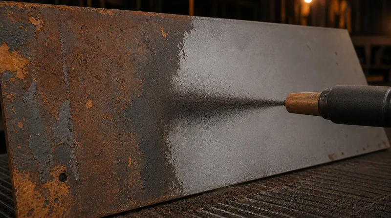 Sandstrahlgerät im Einsatz mit Kupferschlacke als passendem Strahlmittel zur Rost- und Farbrestentfernung von Stahl