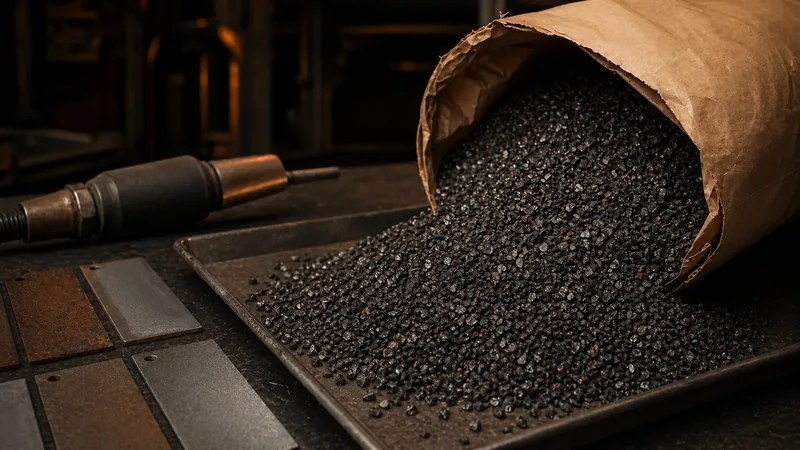 Beutel mit Sandstrahlmittel aus Kupferschlacke, laut technischem Datenblatt mit maximal 1 % freier kristalliner Kieselsäure, als Alternative zum klassischen Strahlsand